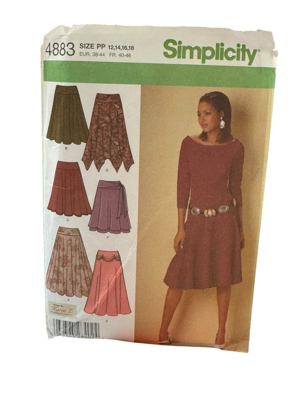 Simplicity 4883 Misses Three Quarter & 1/2 Circle Skirts Sz 12-18 Sewing Pattern